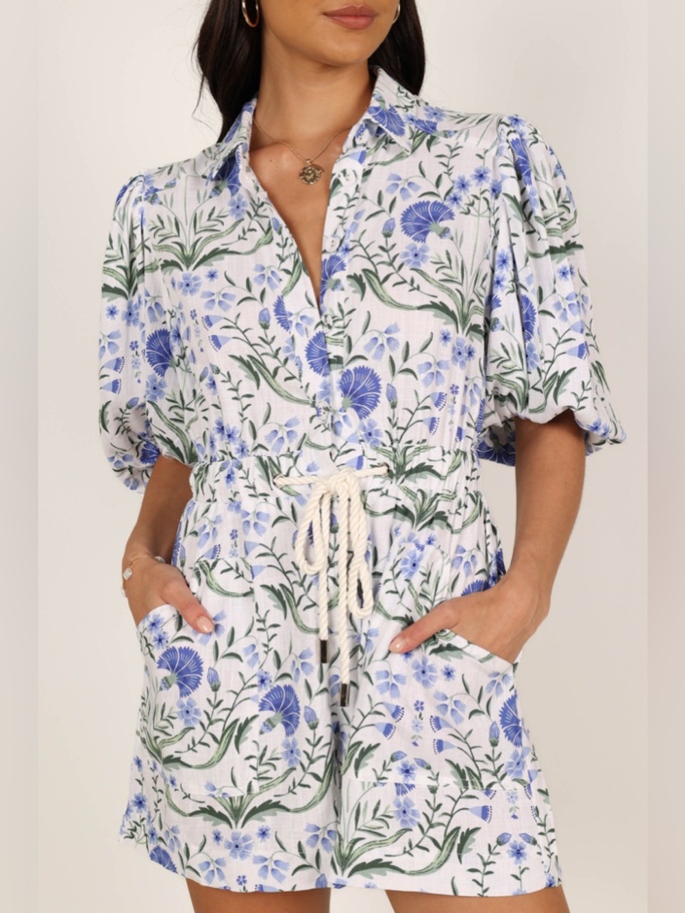 Petal & Pup Annie Linen Romper Blue Floral Size Small